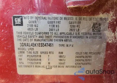 2014 Chevrolet Captiva Ltz z USA, uszkodzony, nr VIN 3GNAL4EK1ES547461